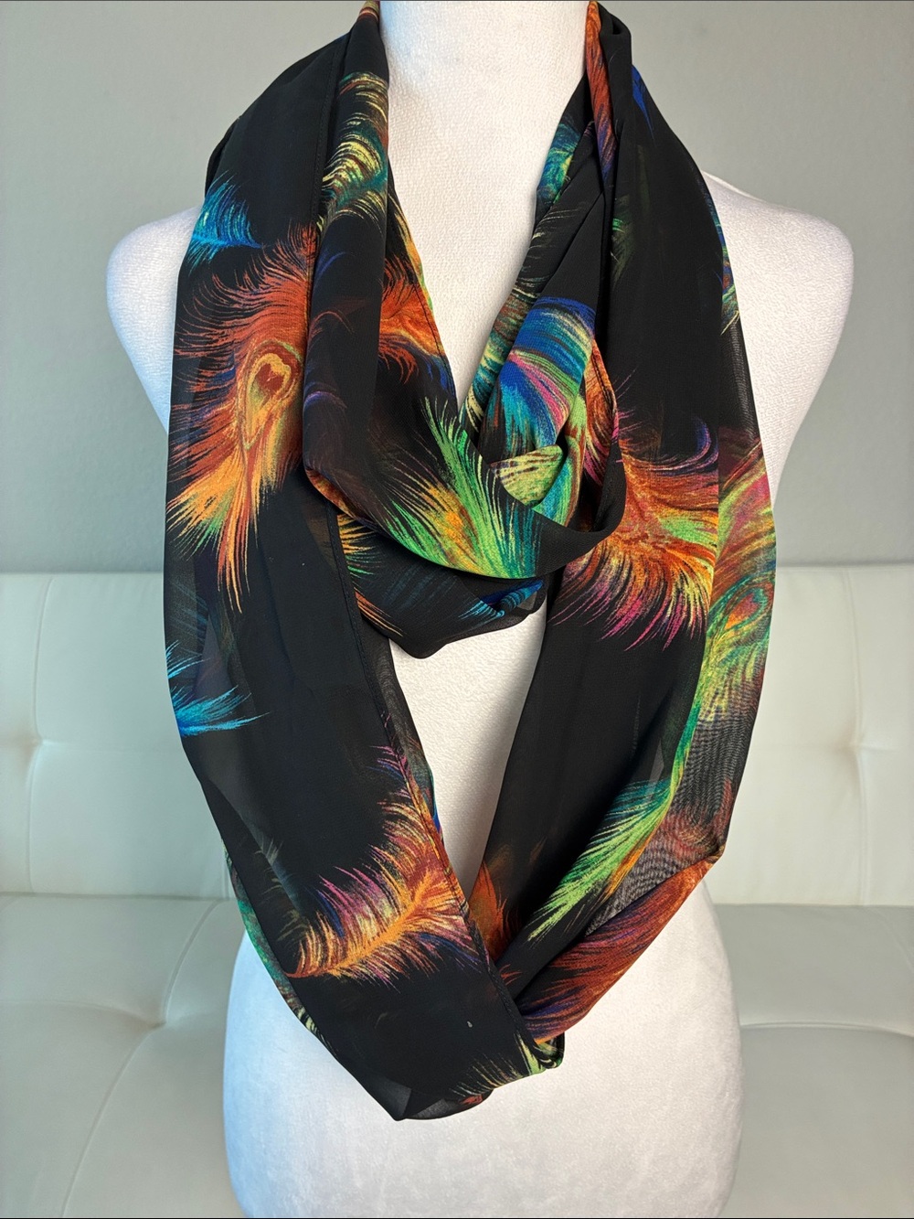 Susan Graver Black Infinity Scarf with Multicolor Feather Print